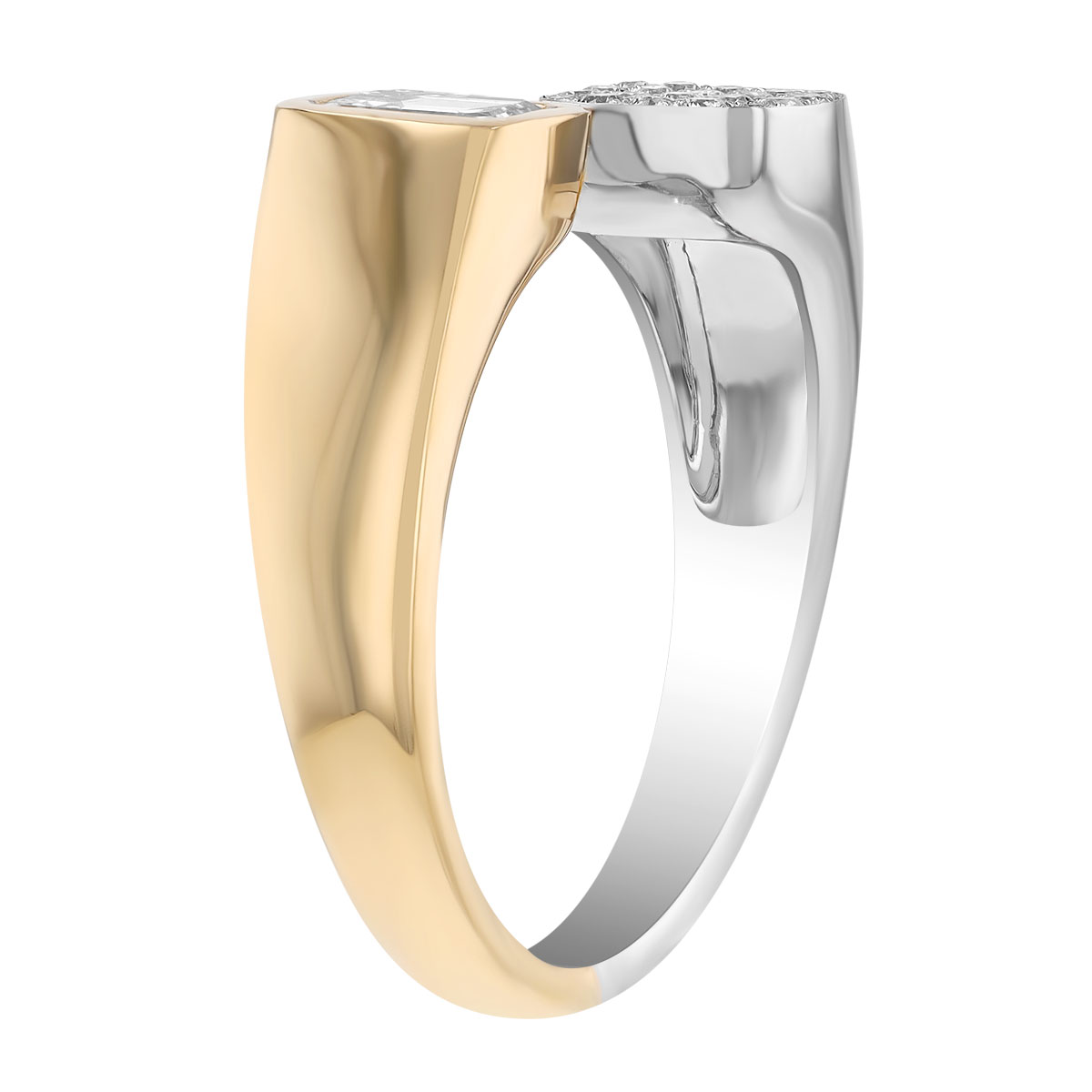 Emerald Cut Diamond & Pave Bypass Hug Ring in Yellow & White Gold