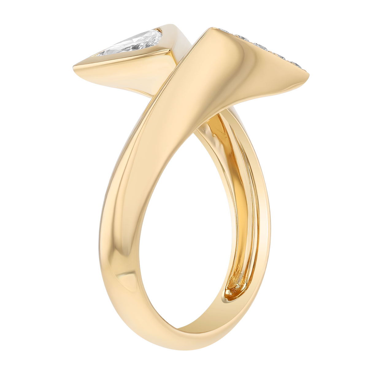 Trillion Cut Diamond & Pave Bypass Hug Ring in Yellow Gold