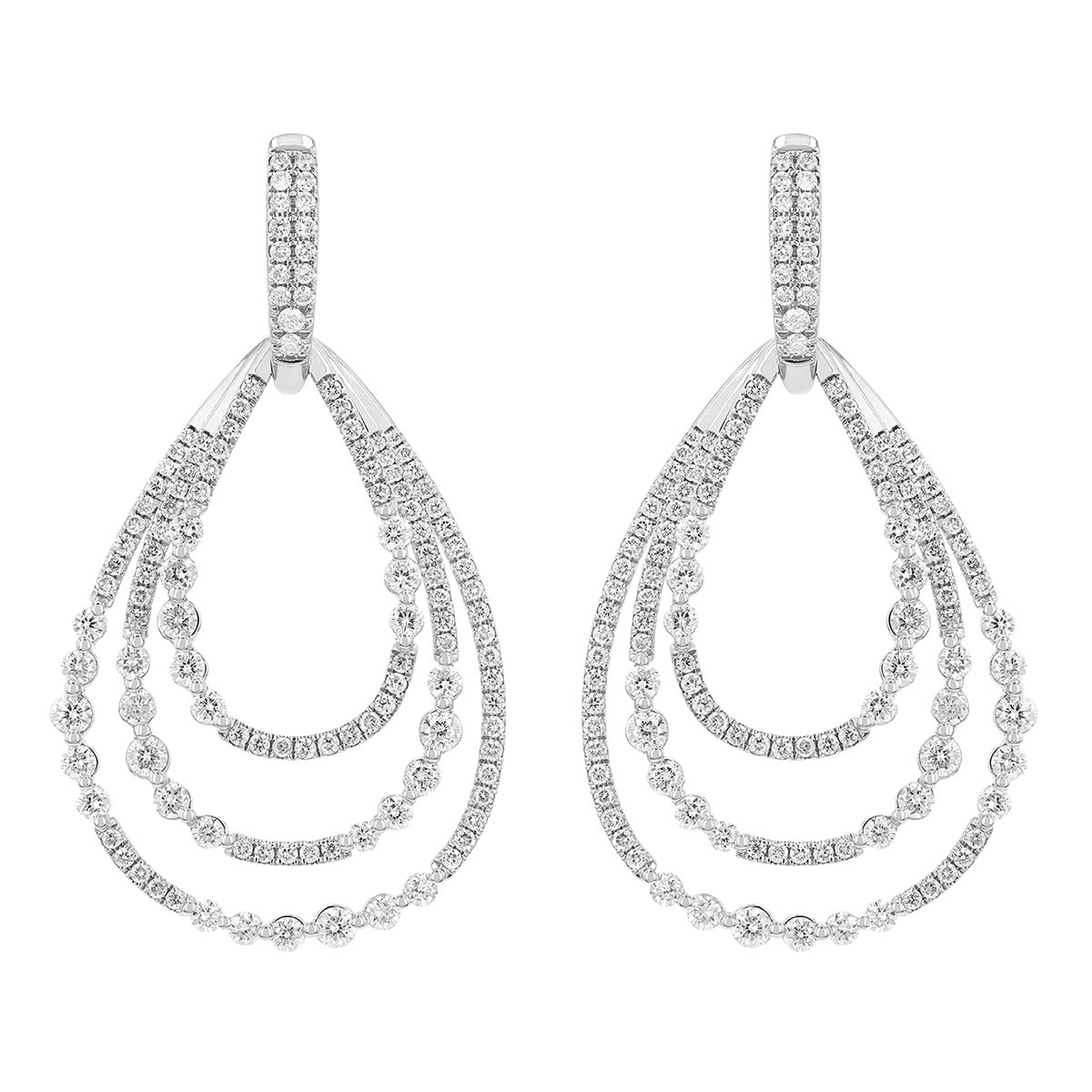 Multi-Sized Diamond Triple Teardrop Shape Dangle Earrings in White Gold