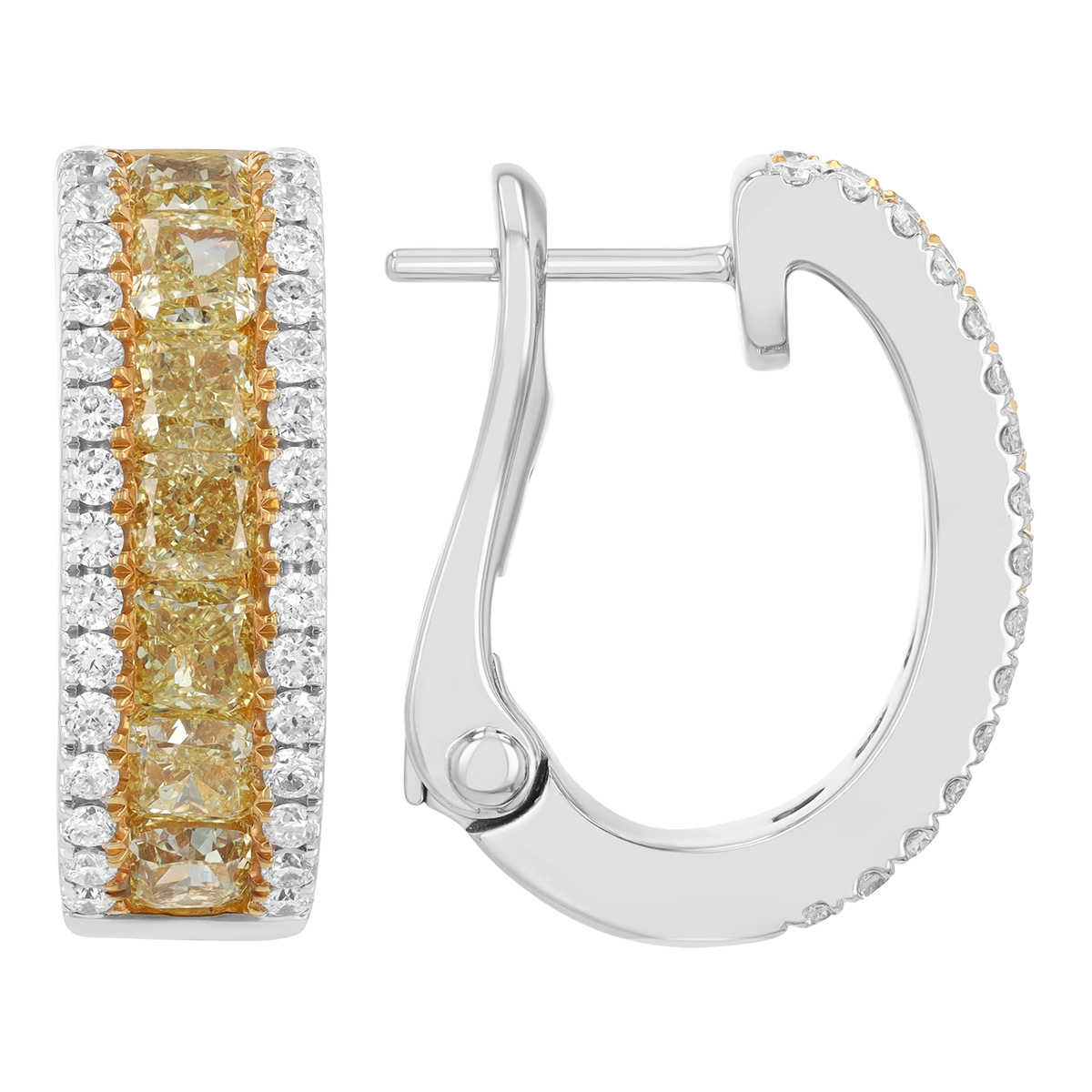 Princess Cut Yellow Diamond & White Diamond Channel Set Hoop Earrings in White Gold