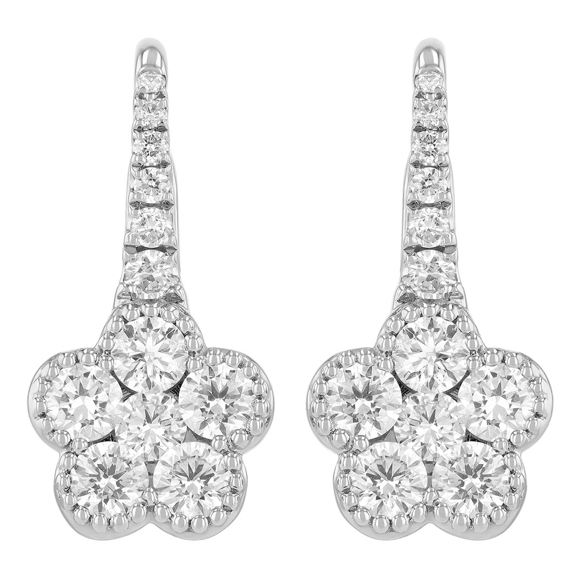 Diamond Floral Cluster Drop Earrings in White Gold