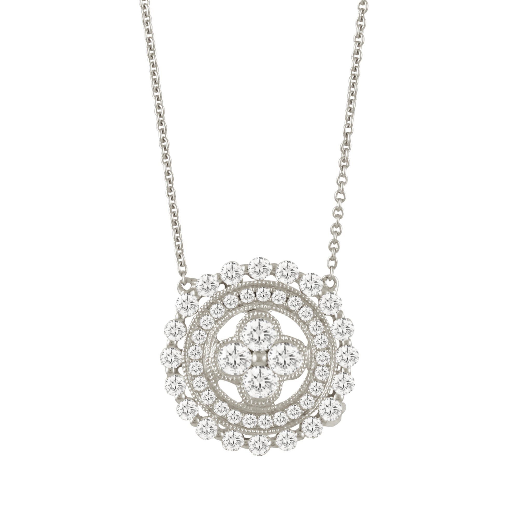 Doves Diamond Milgrain Cluster & Halo Round Necklace in White Gold, 18
