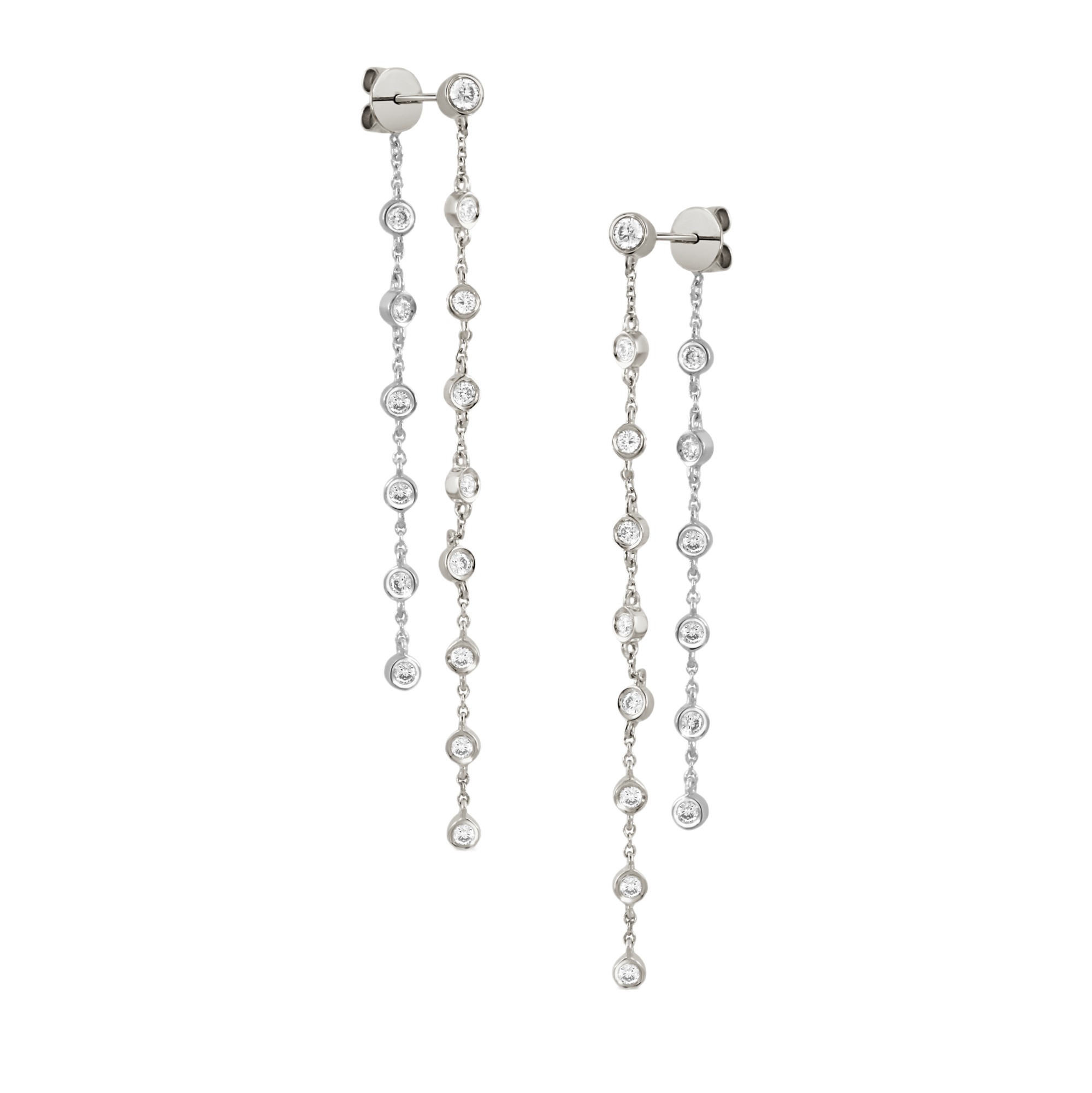 Doves Bezel Set Diamond Chain Dangle Front-Back Earrings in White Gold