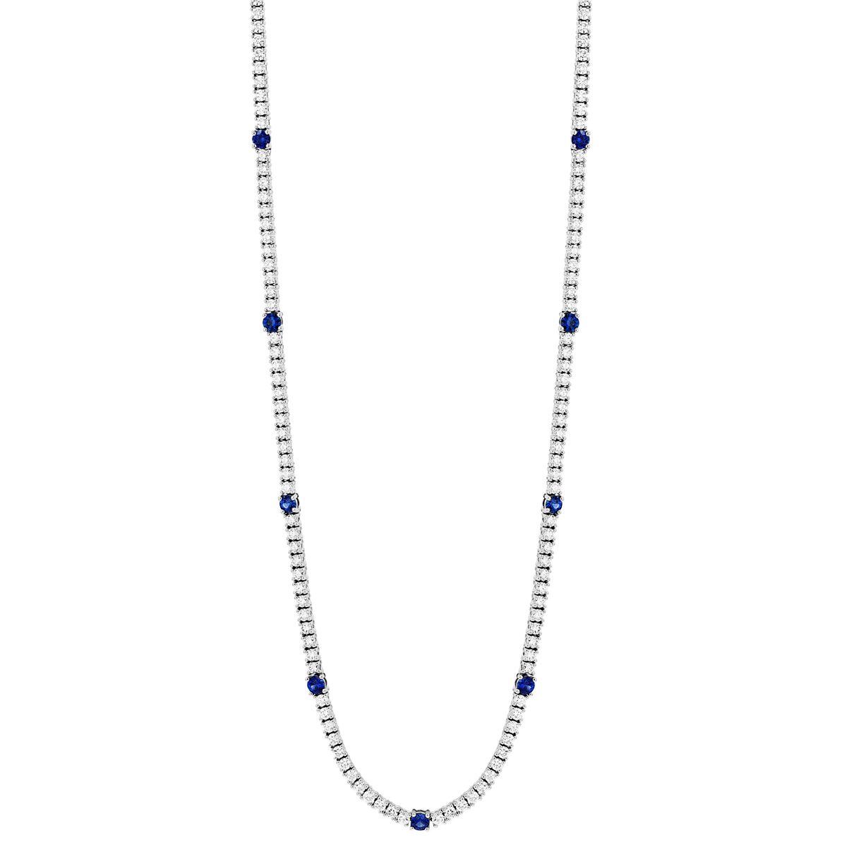 Diamond & Sapphire Station Tennis Necklace in White Gold, 17