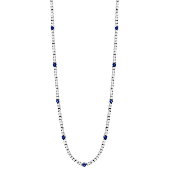 Diamond & Sapphire Station Tennis Necklace in White Gold, 17"