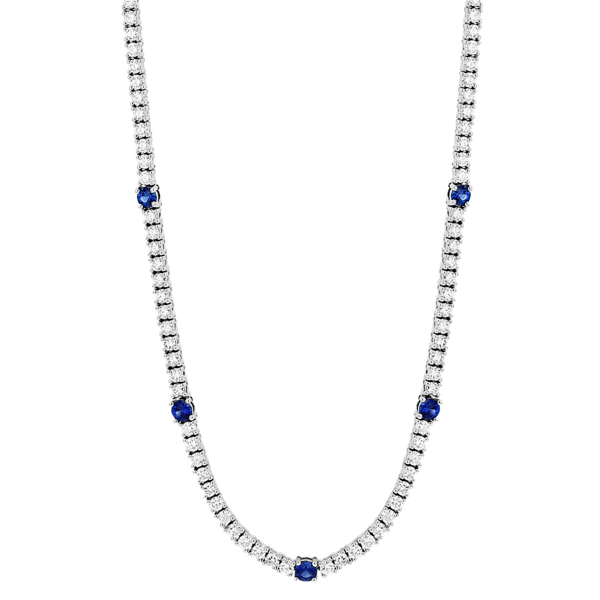 Diamond & Sapphire Station Tennis Necklace in White Gold, 17