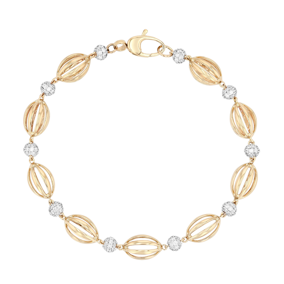 Diamond Pave Bead & Oval Cage Bead Bracelet in Yellow Gold, 7.25