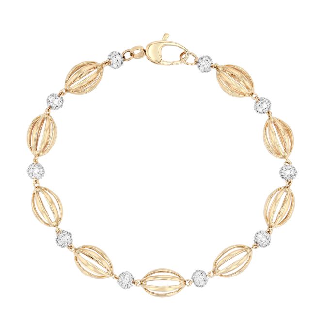 Diamond Pave Bead & Oval Cage Bead Bracelet in Yellow Gold, 7.25"