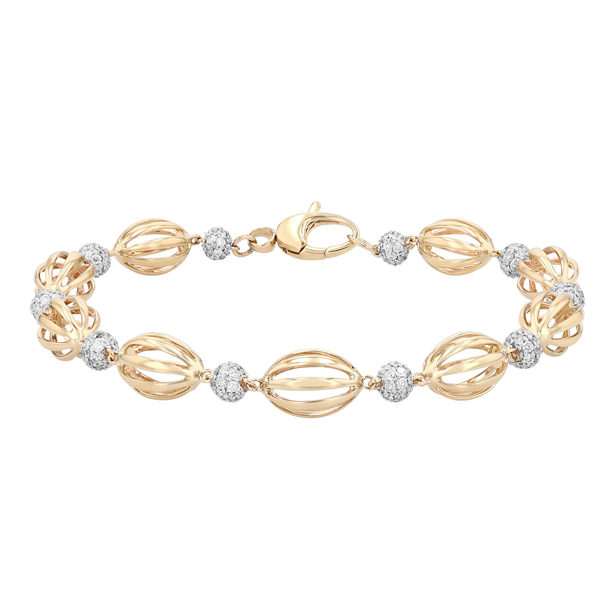 Diamond Pave Bead & Oval Cage Bead Bracelet in Yellow Gold, 7.25