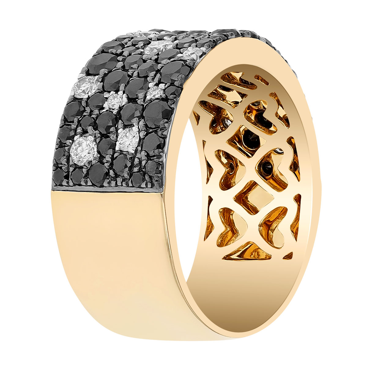 Black & White Diamond Pavé Scatter Wide Band Ring in Yellow Gold