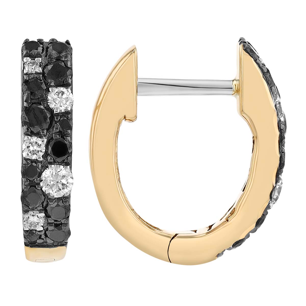 Black & White Diamond 2 Row Huggie Hoop Earrings in Yellow Gold