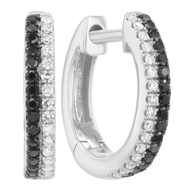 Black & White Diamond 2 Row Huggie Hoop Earrings in White Gold