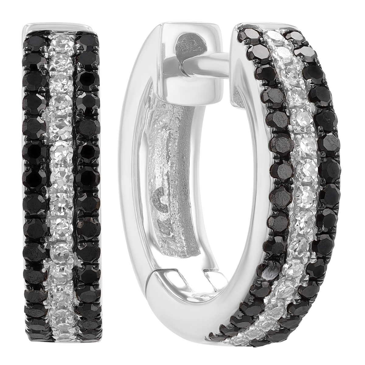 Black & White Diamond 3 Row Huggie Hoop Earrings in White Gold