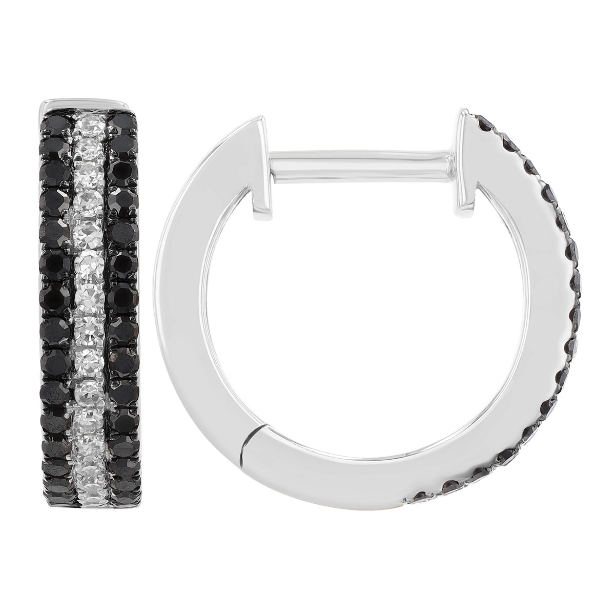 Black & White Diamond 3 Row Huggie Hoop Earrings in White Gold