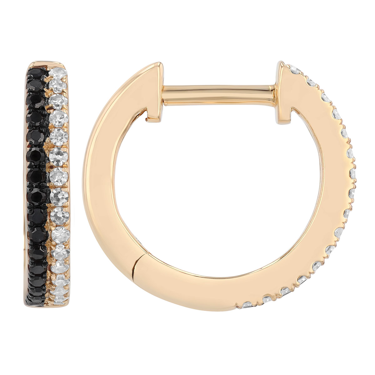 Black & White Diamond 2 Row Huggie Hoop Earrings in Yellow Gold