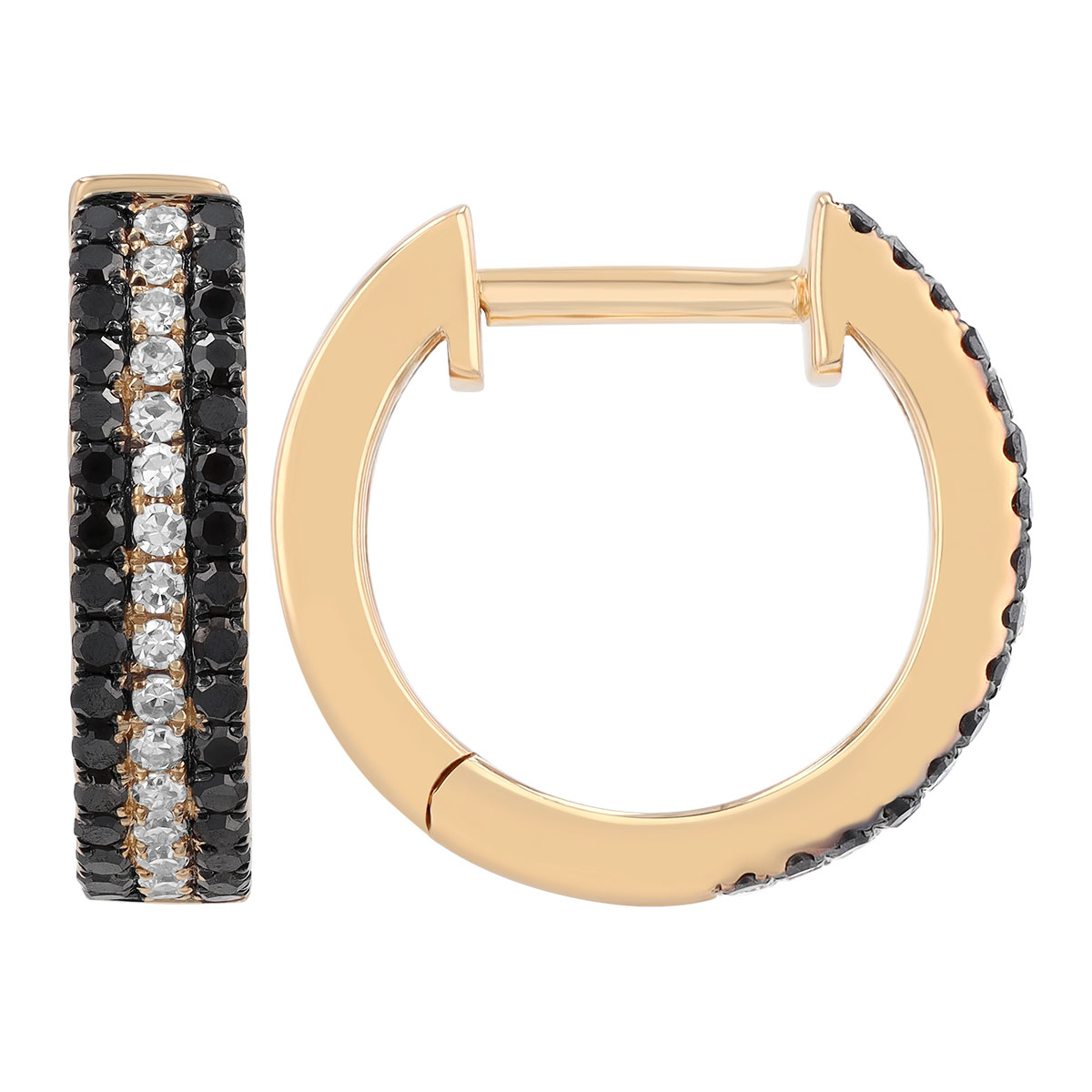 Black & White Diamond 3 Row Huggie Hoop Earrings in Yellow Gold