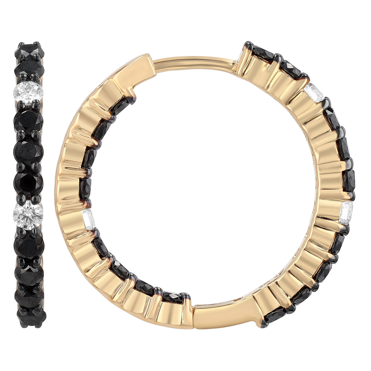 Black & White Diamond In & Out Hoop Earrings in Yellow Gold