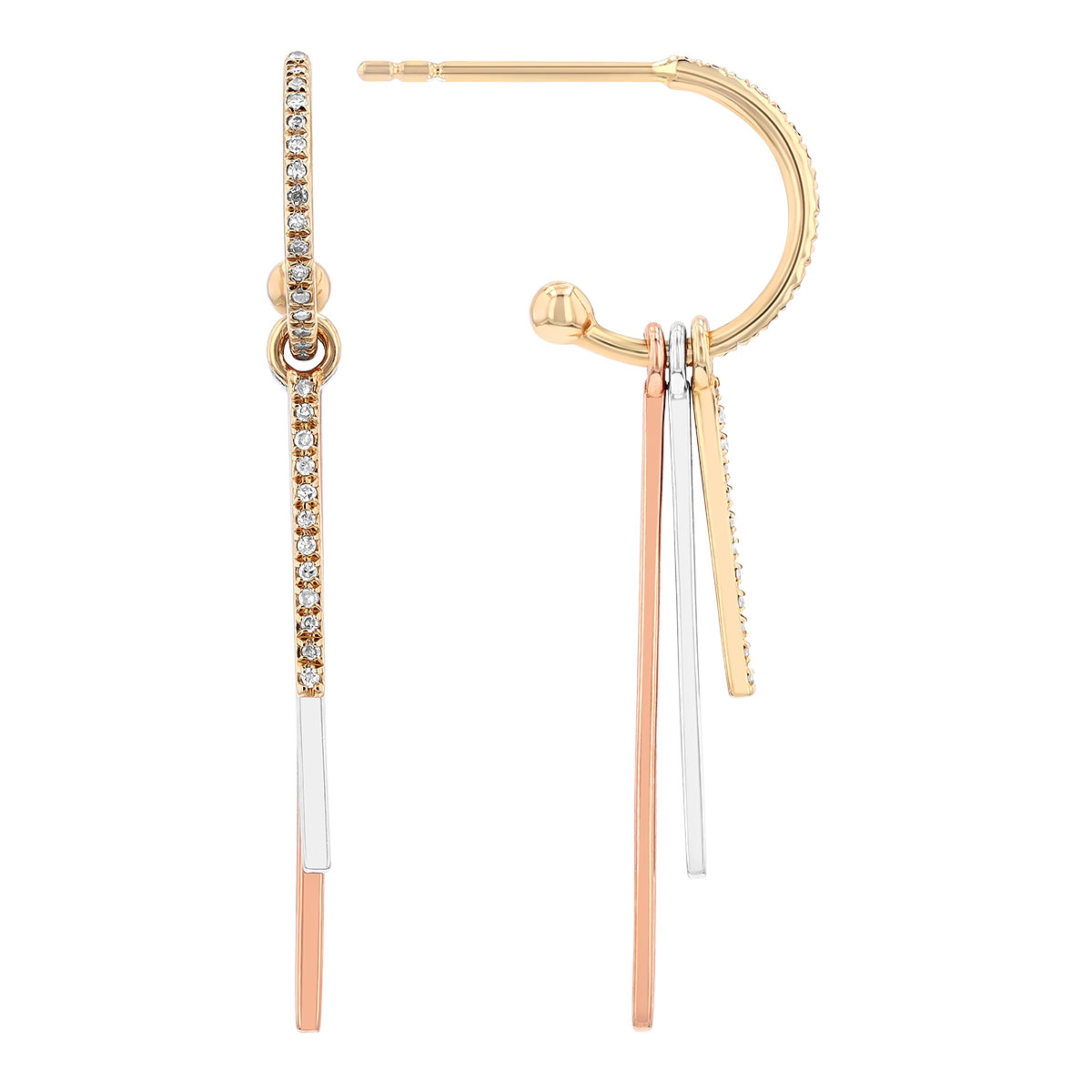 Diamond Tri Tone Vertical Bar Dangle Hoop Earrings