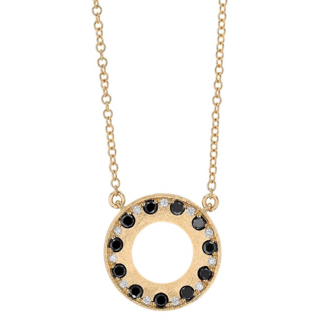 Black & White Diamond Open Circle Pendant in Yellow Gold