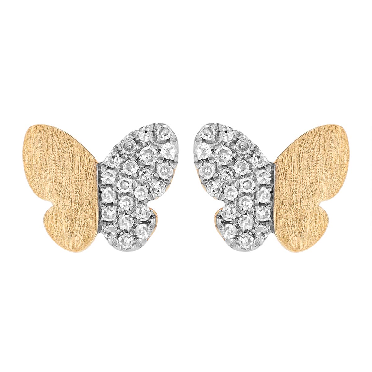 Diamond Half Pave Butterfly Stud Earrings in White & Satin Yellow Gold
