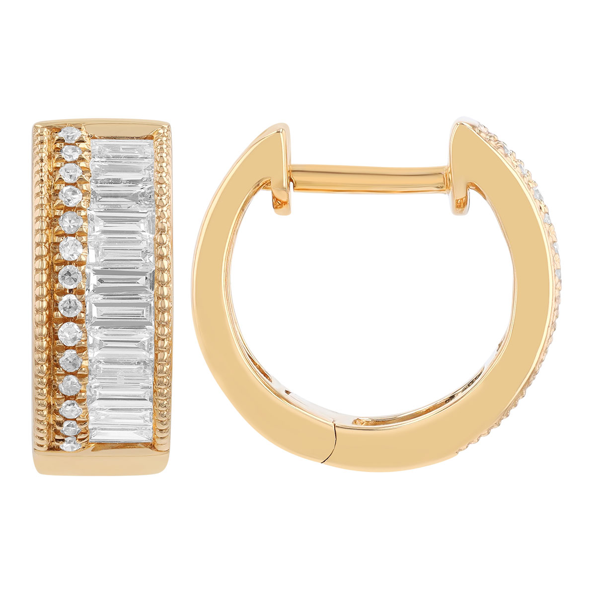 Baguette & Round Diamond 2 Row Huggie Hoop Earrings in Yellow Gold