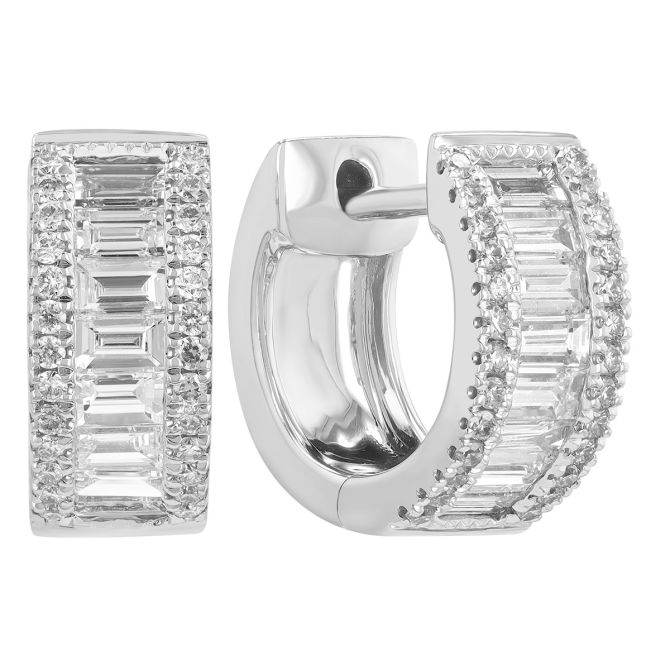 Baguette & Round Diamond 3 Row Huggie Hoop Earrings in White Gold