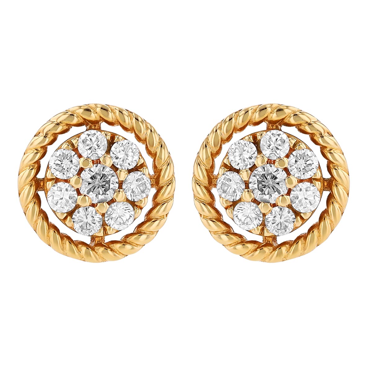 Diamond Round Cluster Twisted Edge Stud Earrings in Yellow Gold