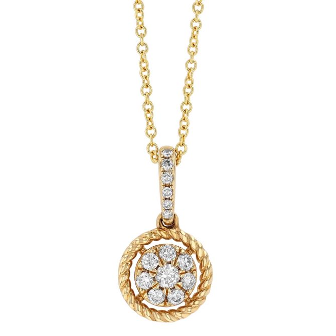 Diamond Pavé Rope Edge Circle Pendant in Yellow Gold
