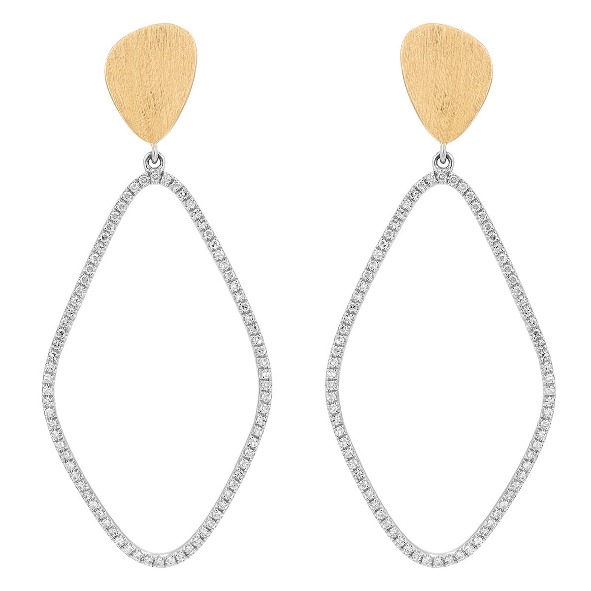 Diamond Open Long Drop Earrings in White Gold with Yellow Gold Posts