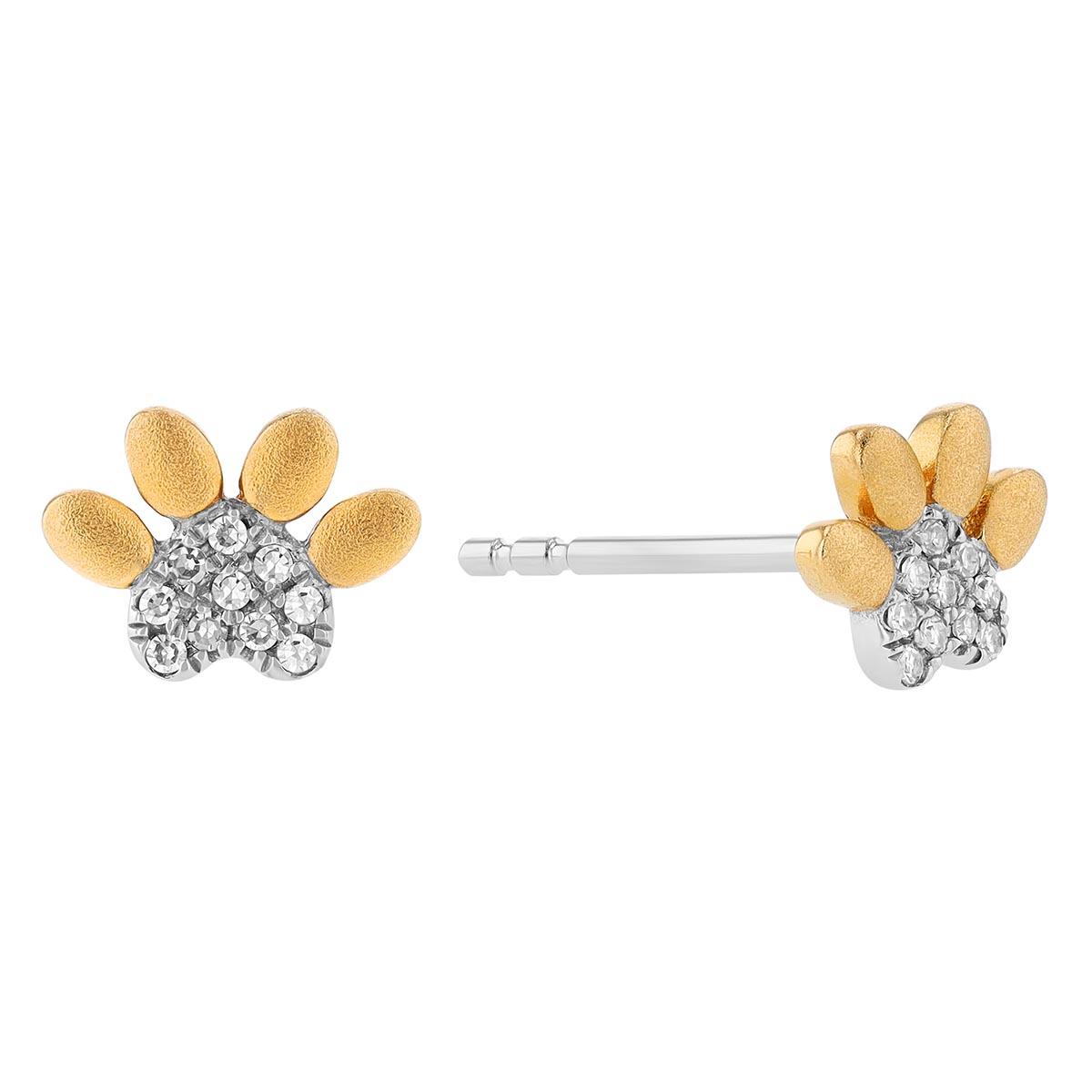 Diamond Pave Paw Print Stud Earrings in Yellow & White Gold