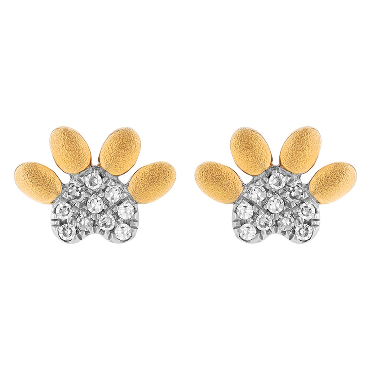 Diamond Pave Paw Print Stud Earrings in Yellow & White Gold