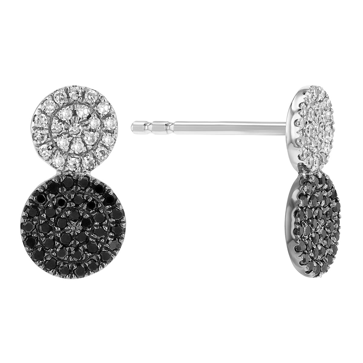 Black & White Pave Double Disc Drop Earrings in White Gold
