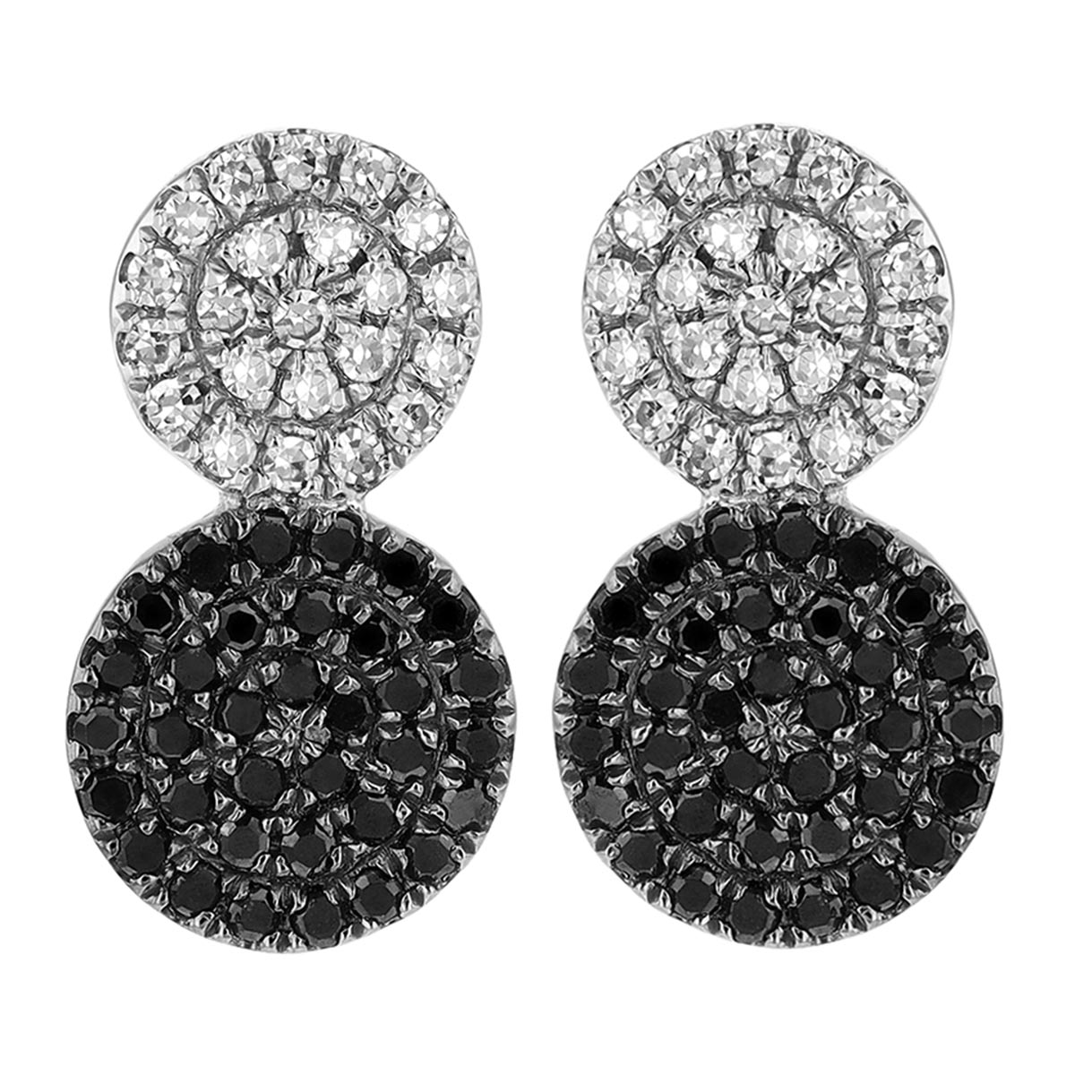 Black & White Pave Double Disc Drop Earrings in White Gold