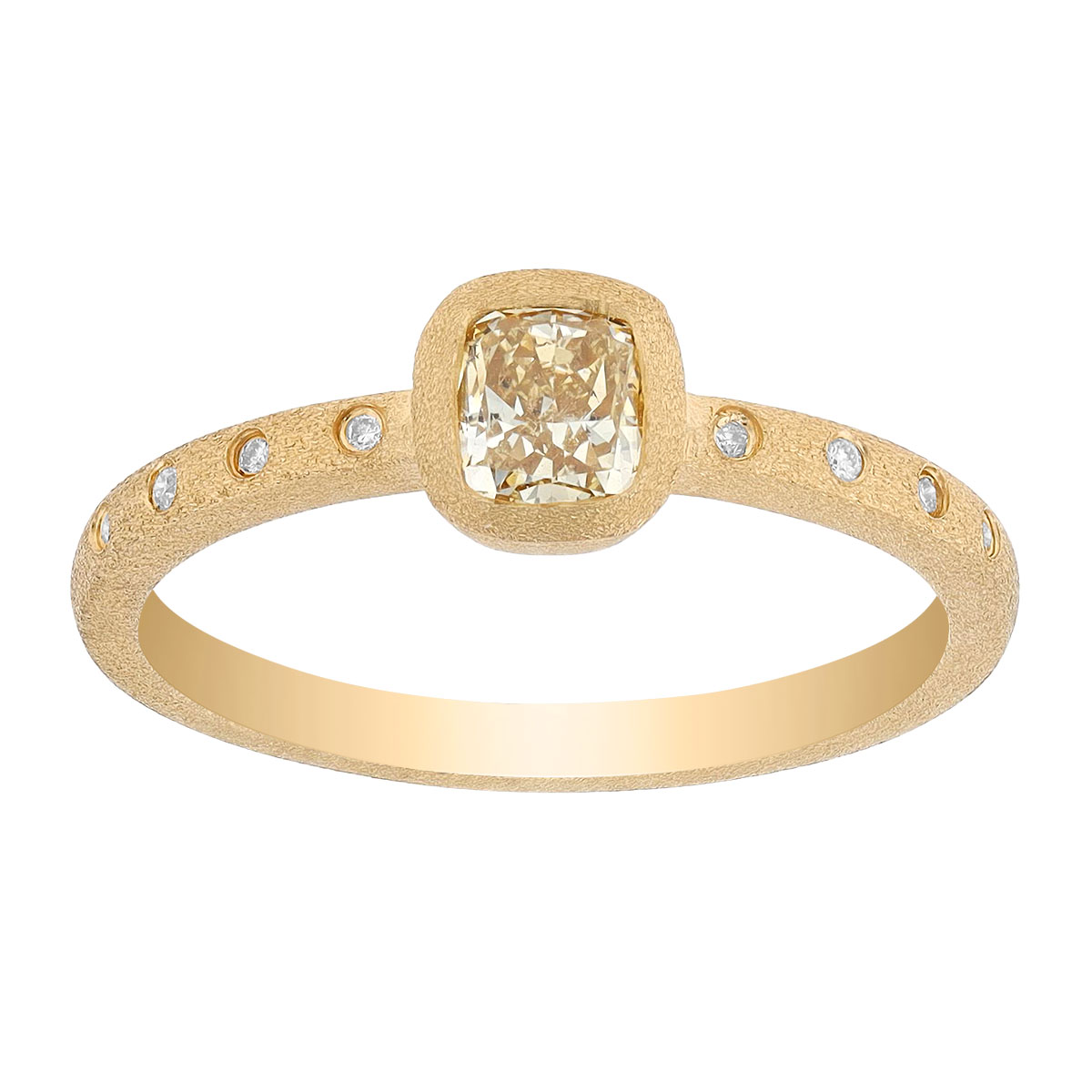 Bezel Set Cushion Cut Yellow Diamond & Side Stone Ring in Yellow Gold