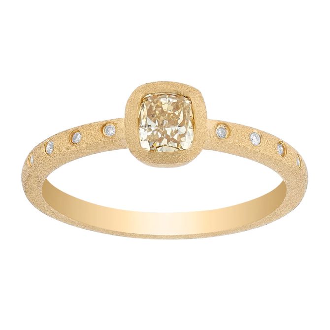 Bezel Set Cushion Cut Yellow Diamond & Side Stone Ring in Yellow Gold