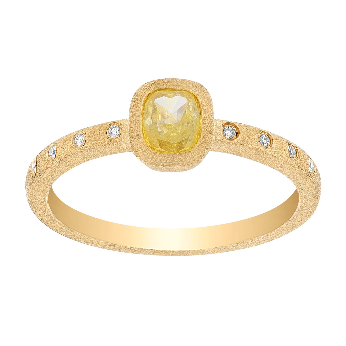 Bezel Set Cushion Cut Yellow Diamond & Side Stone Ring in Yellow Gold