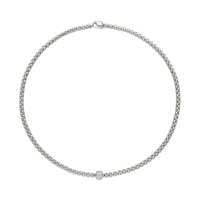 FOPE Solo Flex'It Necklace in White Gold with Diamond Pave Rondel, 17"