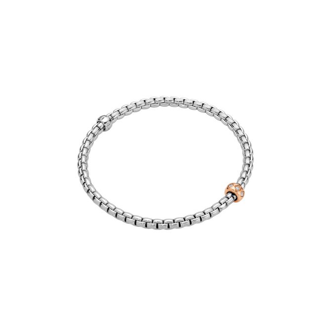 FOPE Eka Flex'It Single Rondel Bracelet in White & Rose Gold with Rhombus Set Diamonds, Size M