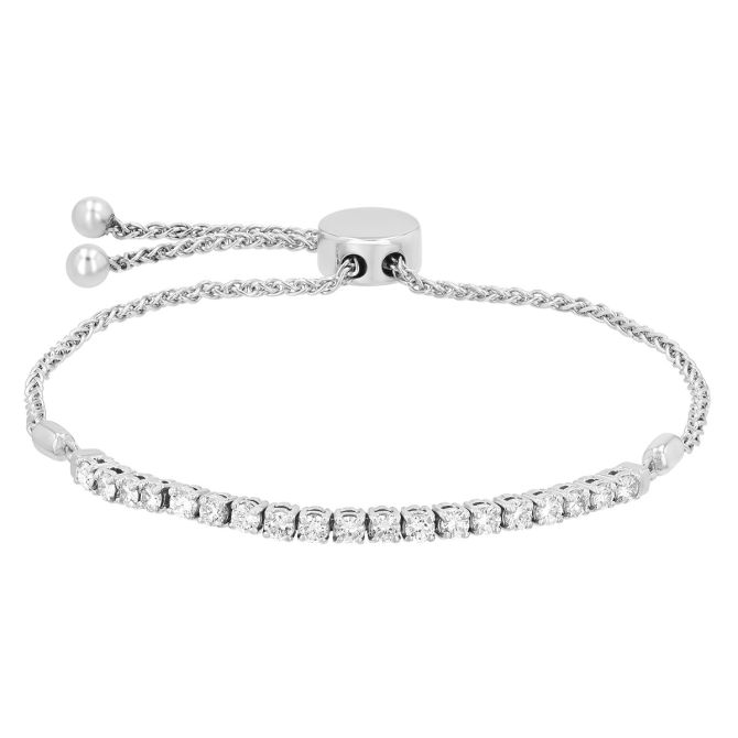 Diamond Half Tennis Bolo Bracelet in White Gold, 8", 0.87 cttw