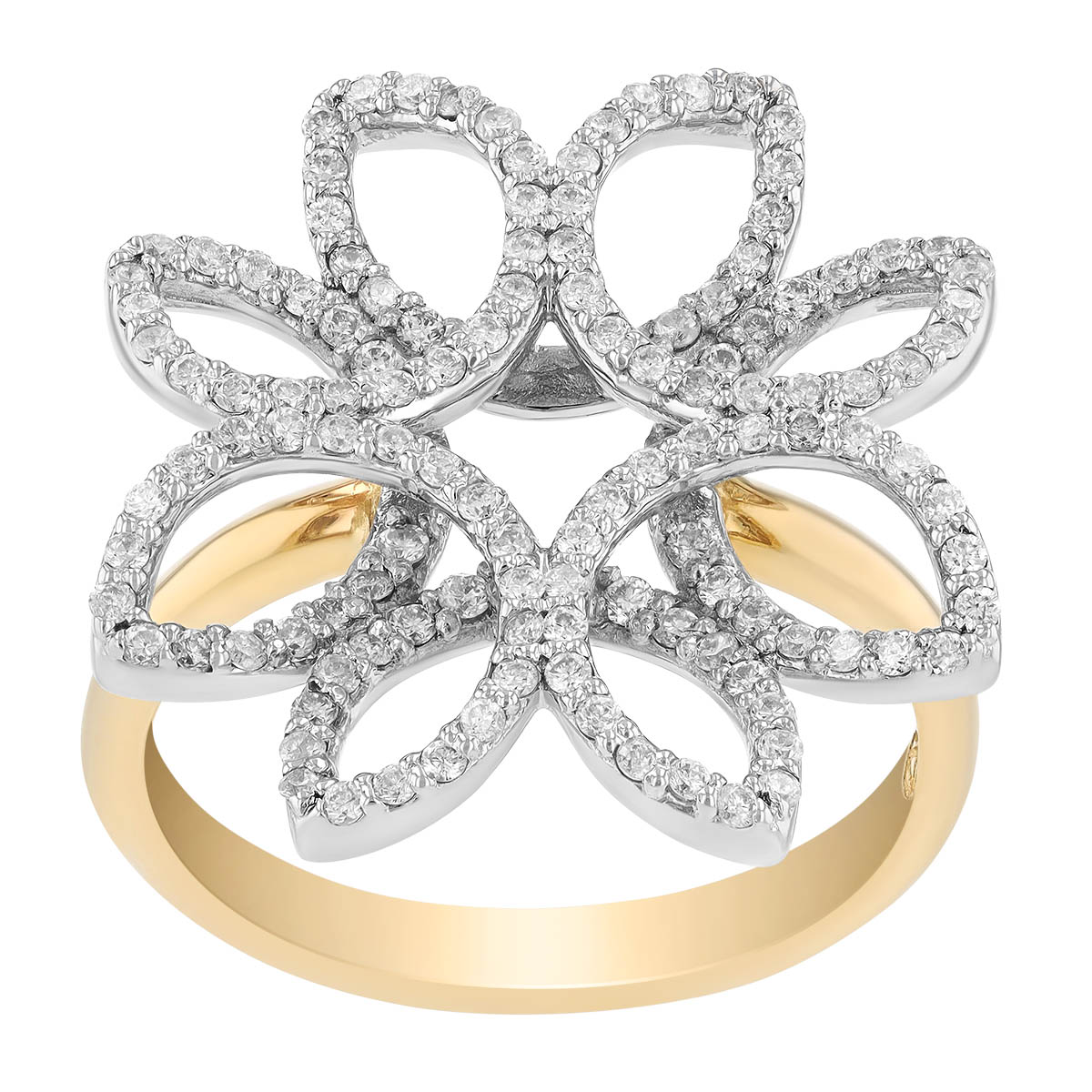 Diamond Open Flower Statement Ring in White & Yellow Gold