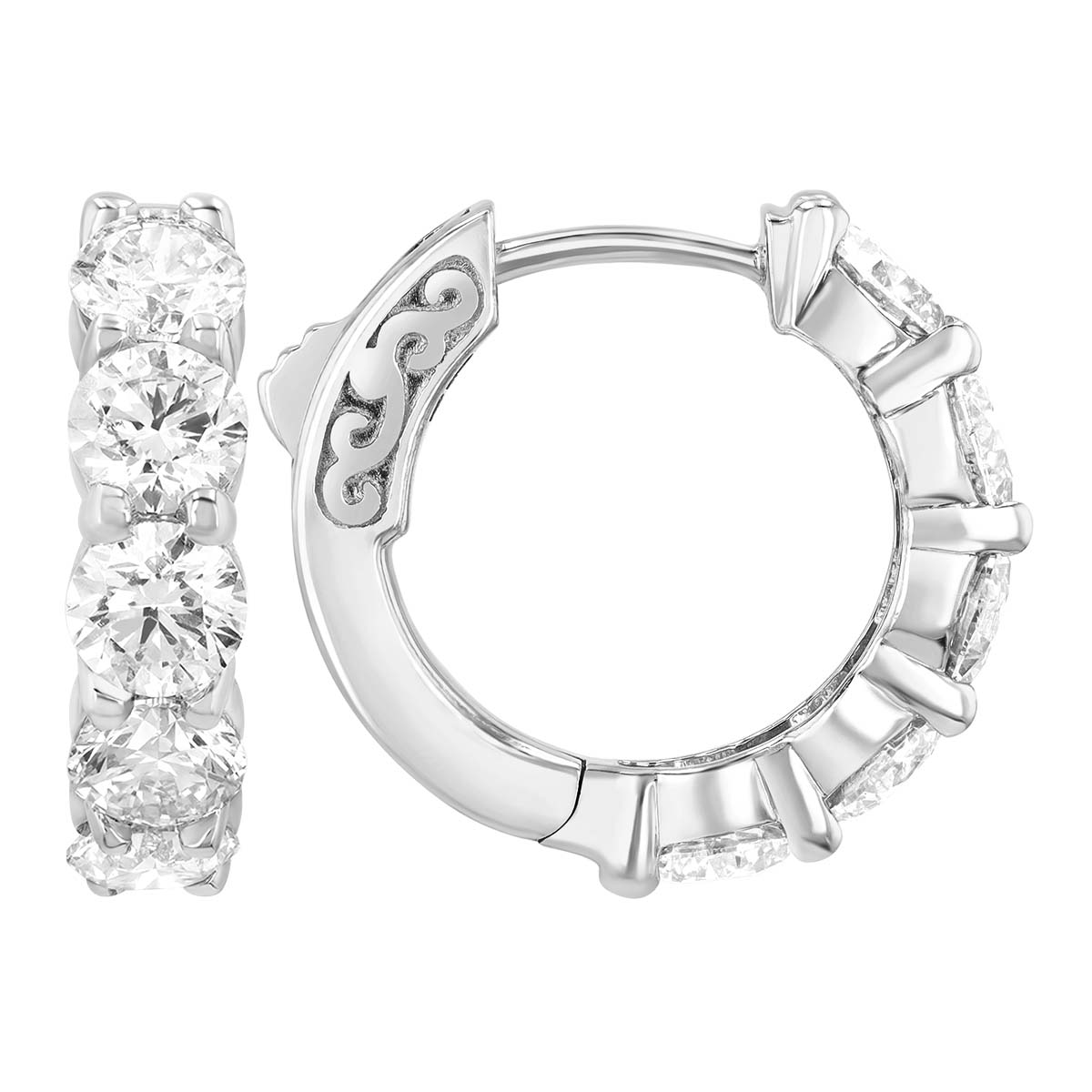 Round Diamond Huggie Hoop Earrings in White Gold, 3.01 cttw