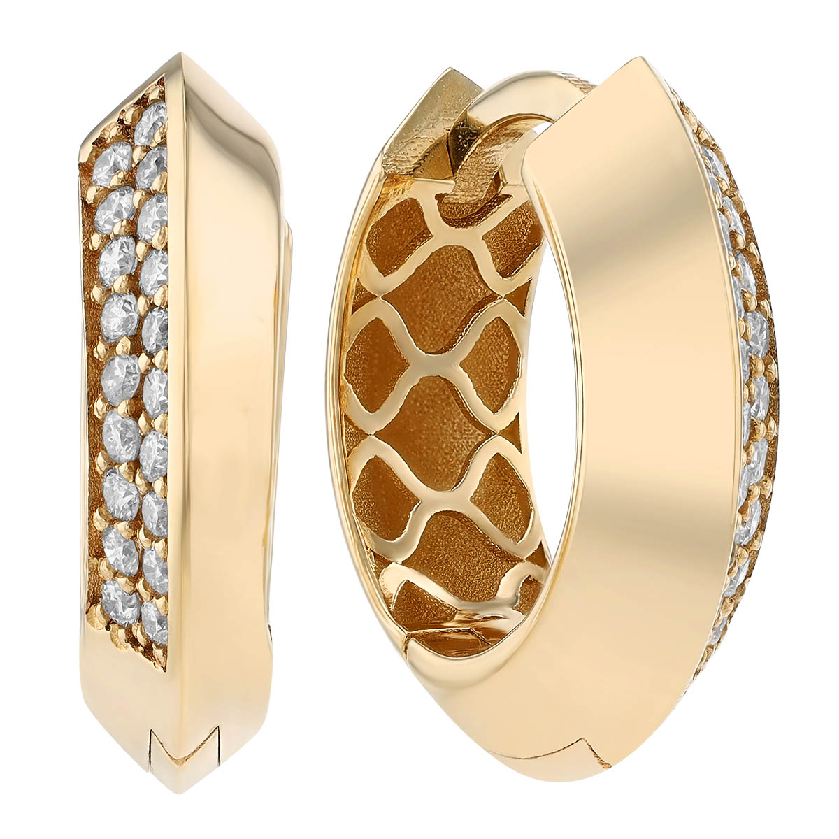 Diamond Pave Side Knife Edge Hoop Earrings in Yellow Gold