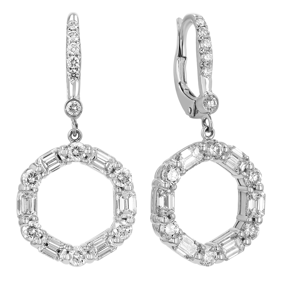J.B. Star Emerald Cut & Round Open Circle Dangle Hoop Earrings in Platinum