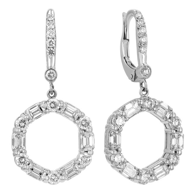 J.B. Star Emerald Cut & Round Open Circle Dangle Hoop Earrings in Platinum