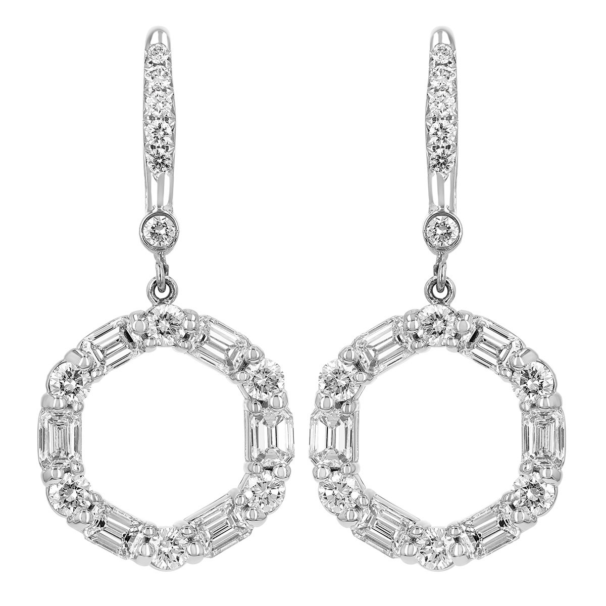 J.B. Star Emerald Cut & Round Open Circle Dangle Hoop Earrings in Platinum