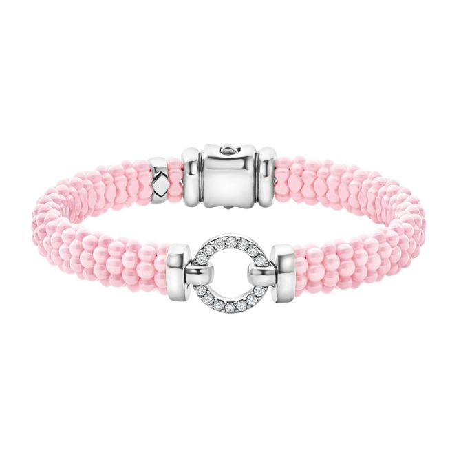 Lagos Pink Ceramic Caviar 9mm Diamond Circle Bracelet, Medium