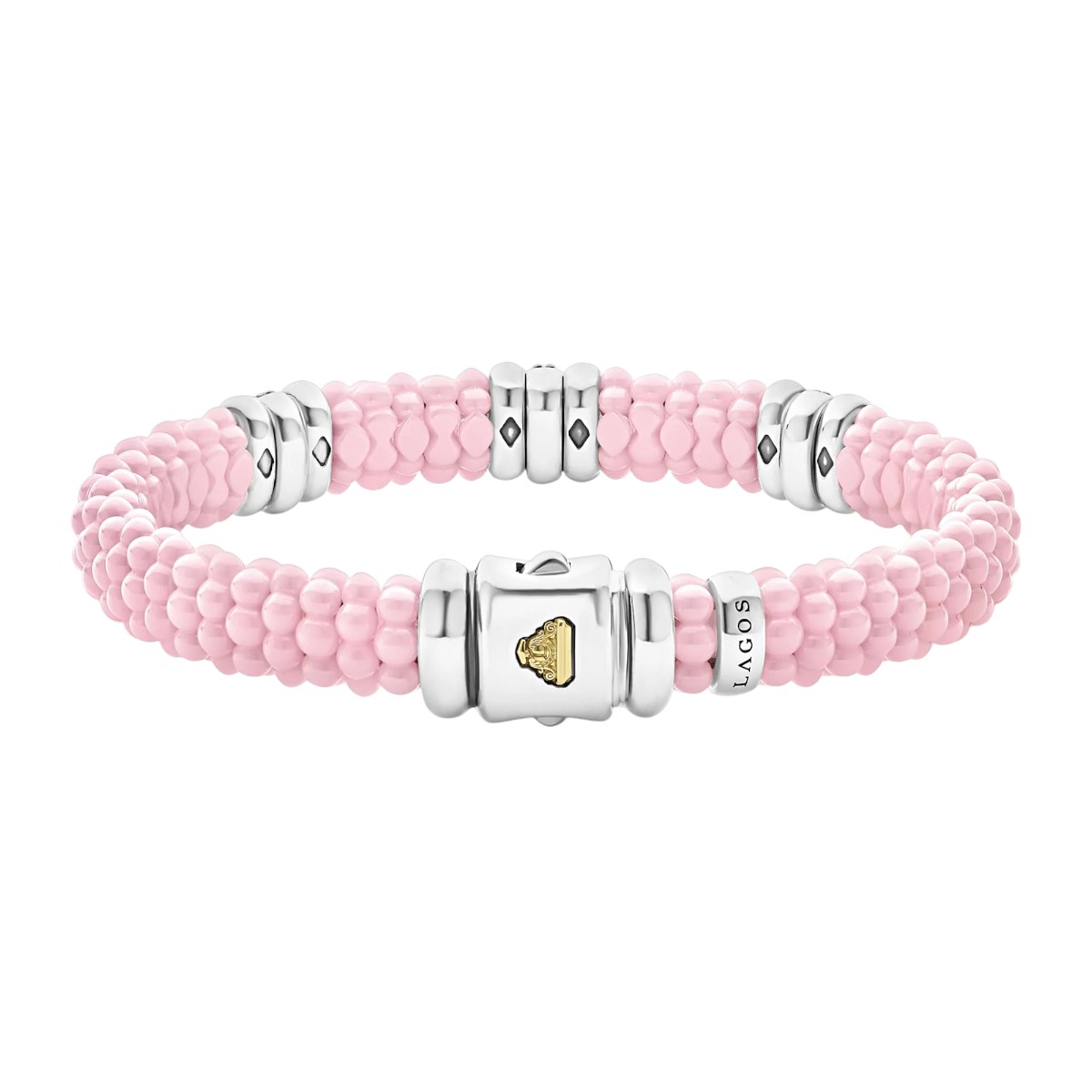 Lagos Pink Caviar Three Station Diamond 9mm Caviar Bracelet, Pink Ceramic
