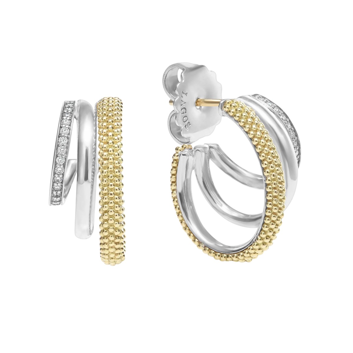 Lagos Caviar Lux Two-Tone Three Ring Diamond Hoop Earrings