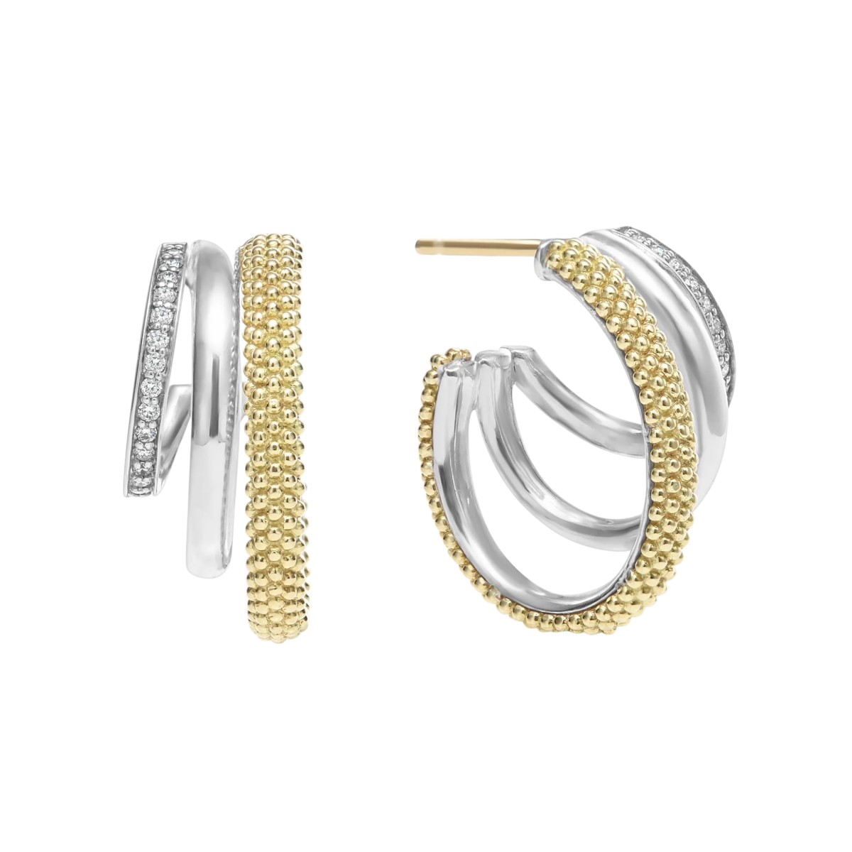 Lagos Caviar Lux Two-Tone Three Ring Diamond Hoop Earrings