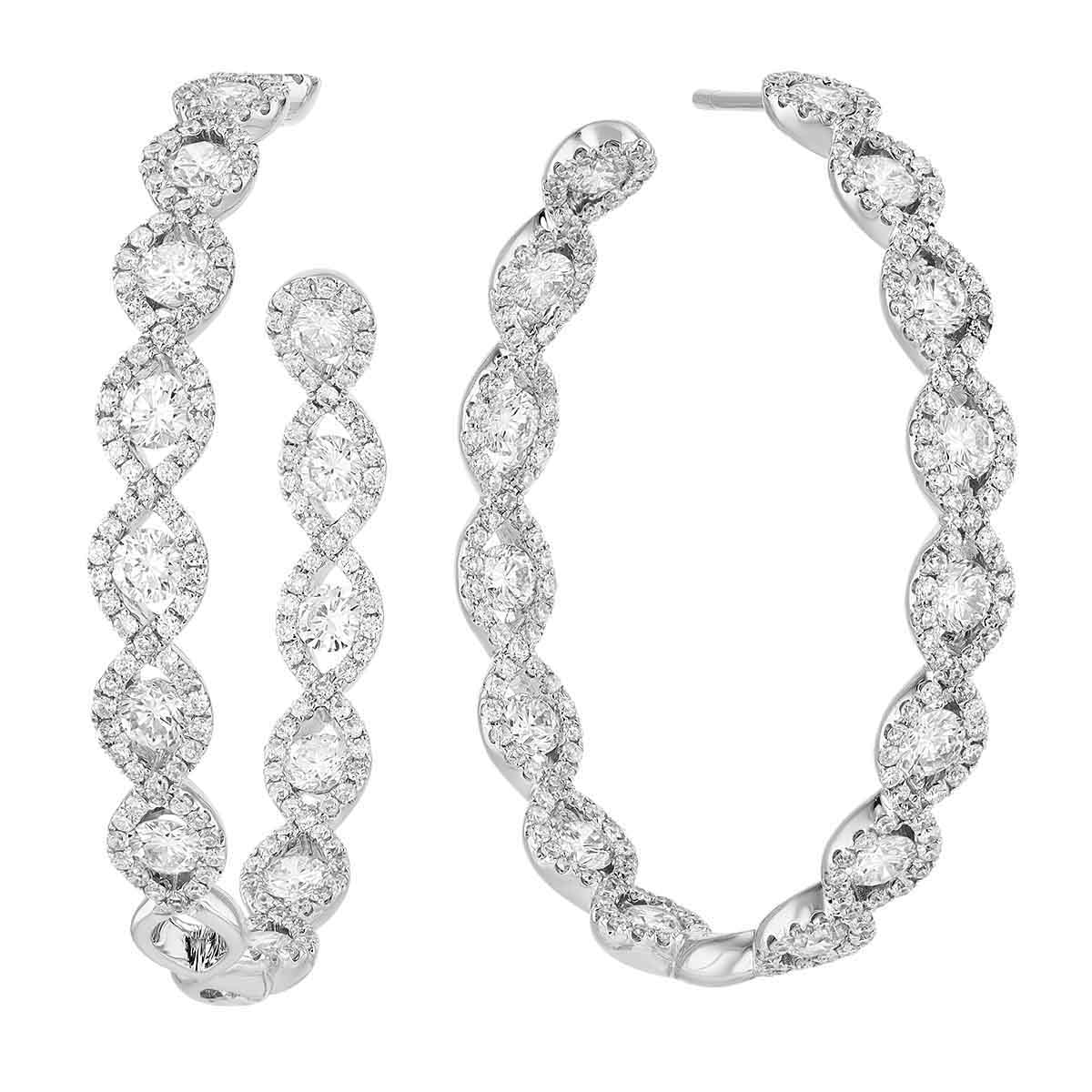 TARA Pearls Round Diamond & Halo Pattern In & Out Hoop Earrings in White Gold